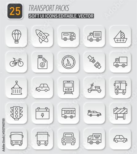 A comprehensive collection of 25 transport icons featuring a soft UI style and editable vectors for versatile design applications