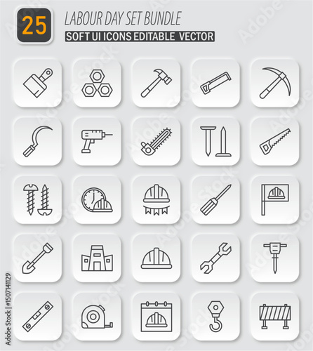 Labour Day Set Bundle: Collection of Soft UI Vector Icons for Construction and Industry