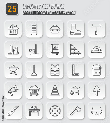 Labour Day Icon Set Bundle - Editable Vector UI Icons for Construction and Trades