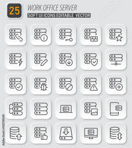 Collection of work, office, and server related soft UI icons editable vector, showcasing various data and information management