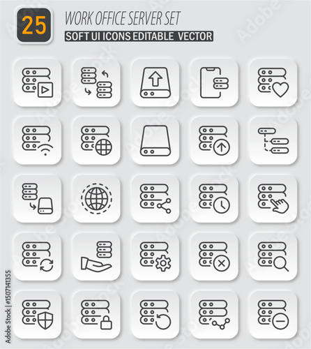 A diverse set of line icons depicting data storage, networking, and server management solutions