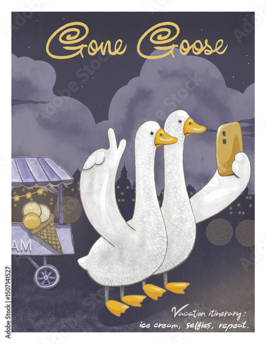 Funny vacation poster with cartoon geese taking selfie near ice cream cart, city skyline and humorous quote