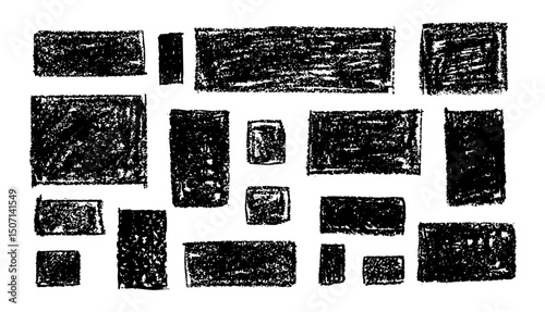 Kid doodle vector of rough rectangular shapes with pastel wax texture, resembling chalkboard or charcoal squiggle art. Grunge school style or kindergarden hand-drawn illustration for creative design.