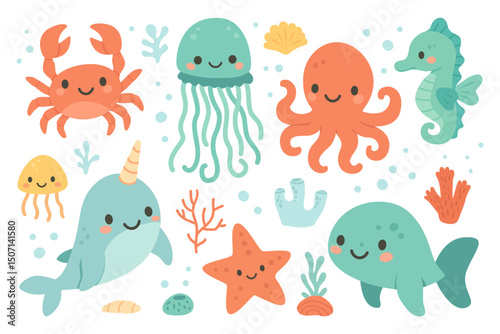 Cute vector illustration of underwater animals including narwhal, jellyfish, crab, octopus, seahorse, dolphin, and coral. Perfect for kids designs, marine themes, and sea life projects