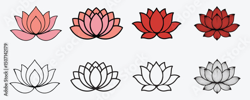 set of hand drawn flowers, Floral Shape Vector Set of Symmetrical Flower Icons & Abstract Blossoms Line and Colorful Vector Style on White Background