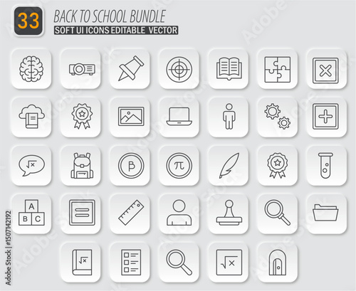 Back to school essential icons bundle for education themes in soft UI style