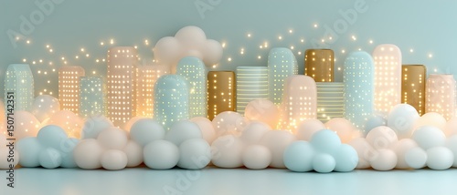 Futuristic city skyline floating in the clouds with soft pastel tones, clean lines, and glowing lights, minimalistic style
