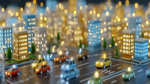 Minimalist cityscape with autonomous cars glowing softly in pastel-toned roads, traffic lights managed by AI