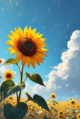 A vibrant close-up of a single sunflower in full bloom, towering over a field of fellow sunflowers under a bright blue sky dotted with fluffy white clouds and sparkling bokeh.