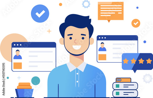 Professional Man with Online Profiles, Ratings, and Workspace Elements – Vector Illustration
