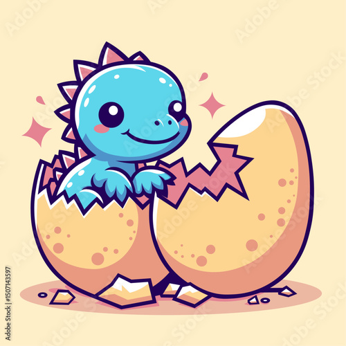 baby dragon hatching from a cracked egg in flat color block editable vector illustration suitable for cartoon and t-shirt print