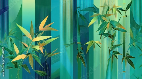 Elegant Green Bamboo Vector Pattern on Jade Background: Abstract Commercial Design with Depth and Serenity. Minimalist Stripes and Floating Leaves Symbolize Growth and Harmony for Dragon Boat Festival