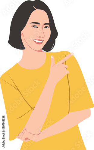 Short haired woman smiling and pointing to the upper right