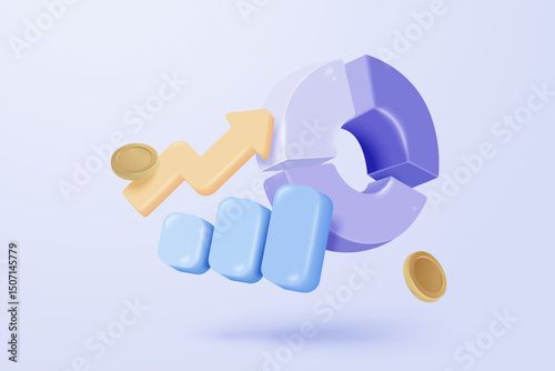 3D stock trading graph report for statistic market in bubble icon. Sell and buy money cash and exchange with finance business, analyzing investment. 3d bank trading icon vector render illustration