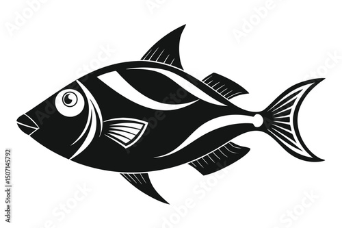 Stylized Black Fish Illustration with White Stripes and Detailed Fins Design Element