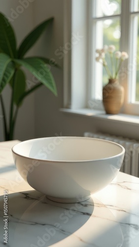 Elegant white ceramic bowl on marble table in sunlit modern kitchen.