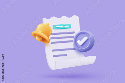 3D bill icon with clock alarm notice for promotion payment transaction. Business invoice order expenses idea for accounting in store concept. 3d receipt list icon vector render illustration