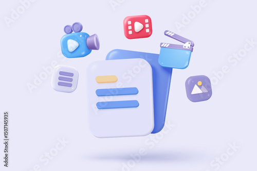 3D media data with video and photo management. Searching image and video files in gallery library. Document management soft database, document form. 3d multimedia file icon vector render illustration