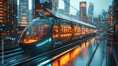 Futuristic train in a vibrant city at night.