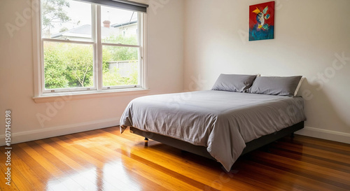 A bright bedroom with hardwood flooring and a comfortable bed, Generative AI.