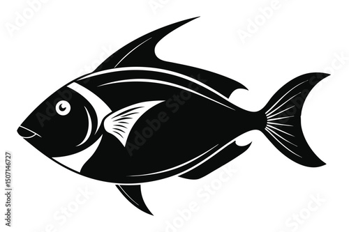 Striking Black and White Fish Illustration with Sharp Fins and Detailed Tail