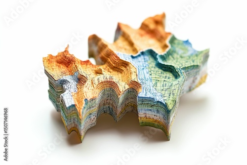 A paper map is cut into pieces and placed on a white background.  , isolated on white background.
