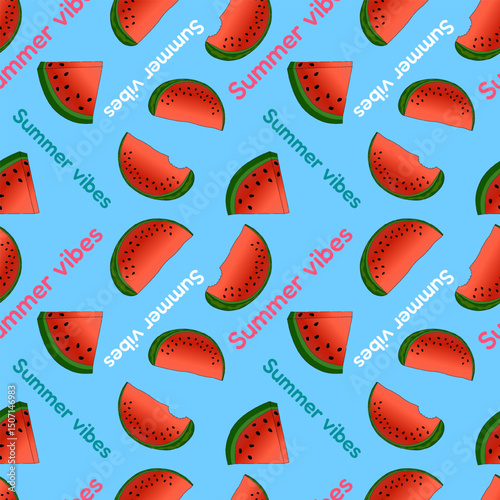 Seamless pattern Summer vibes vector illustration of Watermelon slices on a blue background. Appetizing juicy berry. For Summertime, food, dessert, fruit design, or National Watermelon Day celebration