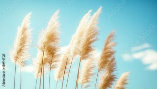 Beautiful pampas grass against a sky background. Soft and light beige color tones. The sun shines brightly on the soft blue sky, creating a beautiful and peaceful atmosphere.
