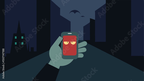 Cell Phone Threat A closeup of a hand holding a cell phone with a villainous voice bubble saying You have 24 hours to comply alongside a background of a dark alley.