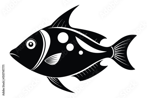 Stylized Black Fish Illustration with White Accents, Circles, and Detailed Tail Fins Design