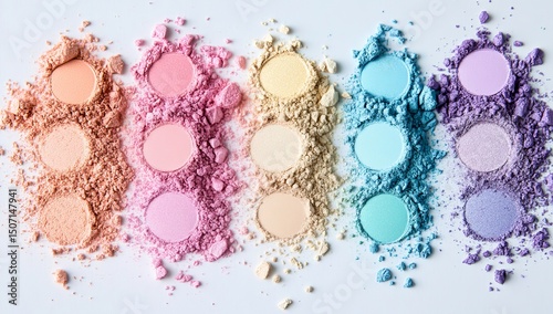 Colorful pastel eyeshadow powders in various colors on a white background, arranged in a flat lay. Soft, minimalistic pastel shades.