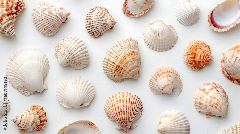 Beautifully Arranged Seashells on White Background Overhead View Beautifully Arranged Seashells on White Background Overhead View