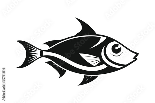 Black and White Fish Illustration with Fins and Tail Isolated on White Background