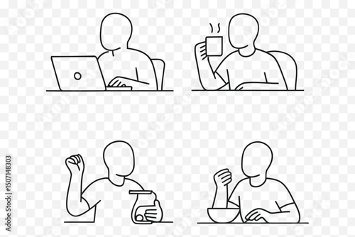 One-Line Minimalist Lifestyle Set – Working, Drinking, Eating, Relaxing Characters
