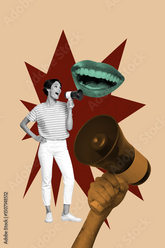 Creative artwork sketch image collage of strike leader power opinion banner revolution yong lady stand smile talk loudspeaker mouth smile