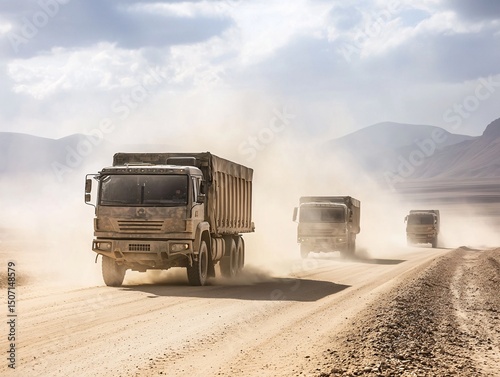 Secure military transport convoy desert landscape action scene dusty environment wide viewpoint high-value cargo