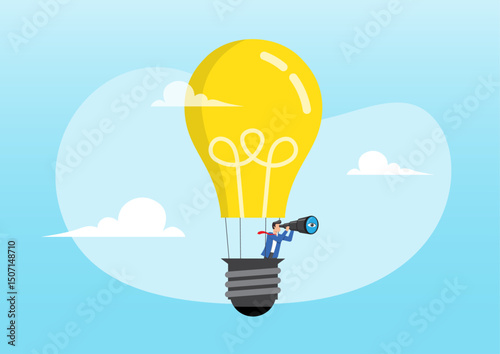 a businessman flying in a bulb-shaped hot air balloon while looking through a telescope