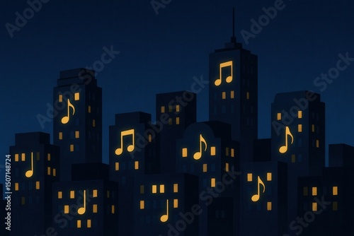 Stylized night city with glowing windows shaped like musical notes