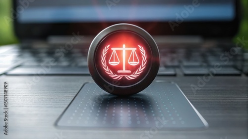 ESG compliance strategy concept. Legal symbol on a laptop, representing justice and law concepts.