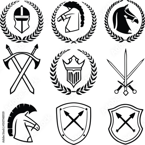 Collection of Medieval Heraldic Symbols Helmets Swords Shields Horses and Crown
