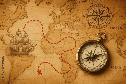 Vintage world map with a dotted sailing route, antique compass, and ship