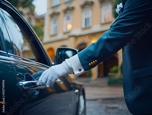 Professional chauffeur opening car door urban setting cinematic shot sophisticated environment close-up viewpoint