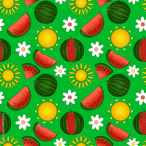 Seamless pattern with slices and whole watermelons, sun, and daisy flowers on a green background. Juicy summer berry. For Summertime, food, dessert, fruit design, National Watermelon Day celebration.