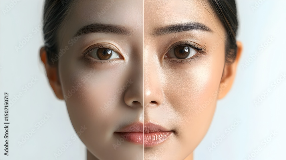Fototapeta premium Side by side Comparison of Young and Aged Asian Woman Faces
