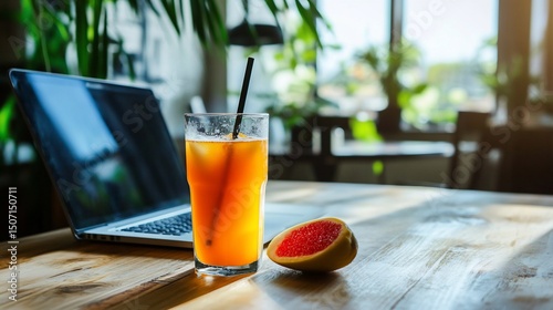 Refreshing citrus beverage and modern laptop on rustic wooden workspace
