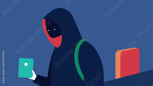 Border Crossing Moment A figure with a hood pulled up approaches a border checkpoint nervously clutching a fake passport as they prepare to present it to the guard.