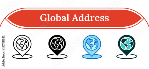 Global Address - Multi Style Outline, Glyph Silhouette, Blue, Dual Tone Icon - Globe inside a location pin, representing international contact, global office, or worldwide reach