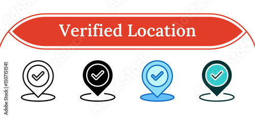 Verified Location - Multi Style Outline, Glyph Silhouette, Blue, Dual Tone Icon - Location pin with checkmark, representing verified address or confirmed place