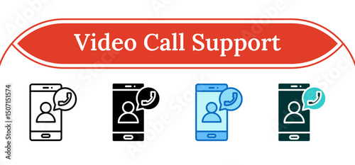Video Call Support - Multi Style Outline, Glyph Silhouette, Blue, Dual Tone Icon - Smartphone with user and phone bubble, indicating video or voice support via mobile