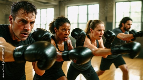 Group of determined athletes wearing boxing gloves practicing punches during an intense workout session in a modern gym, showcasing their strength and dedication to fitness